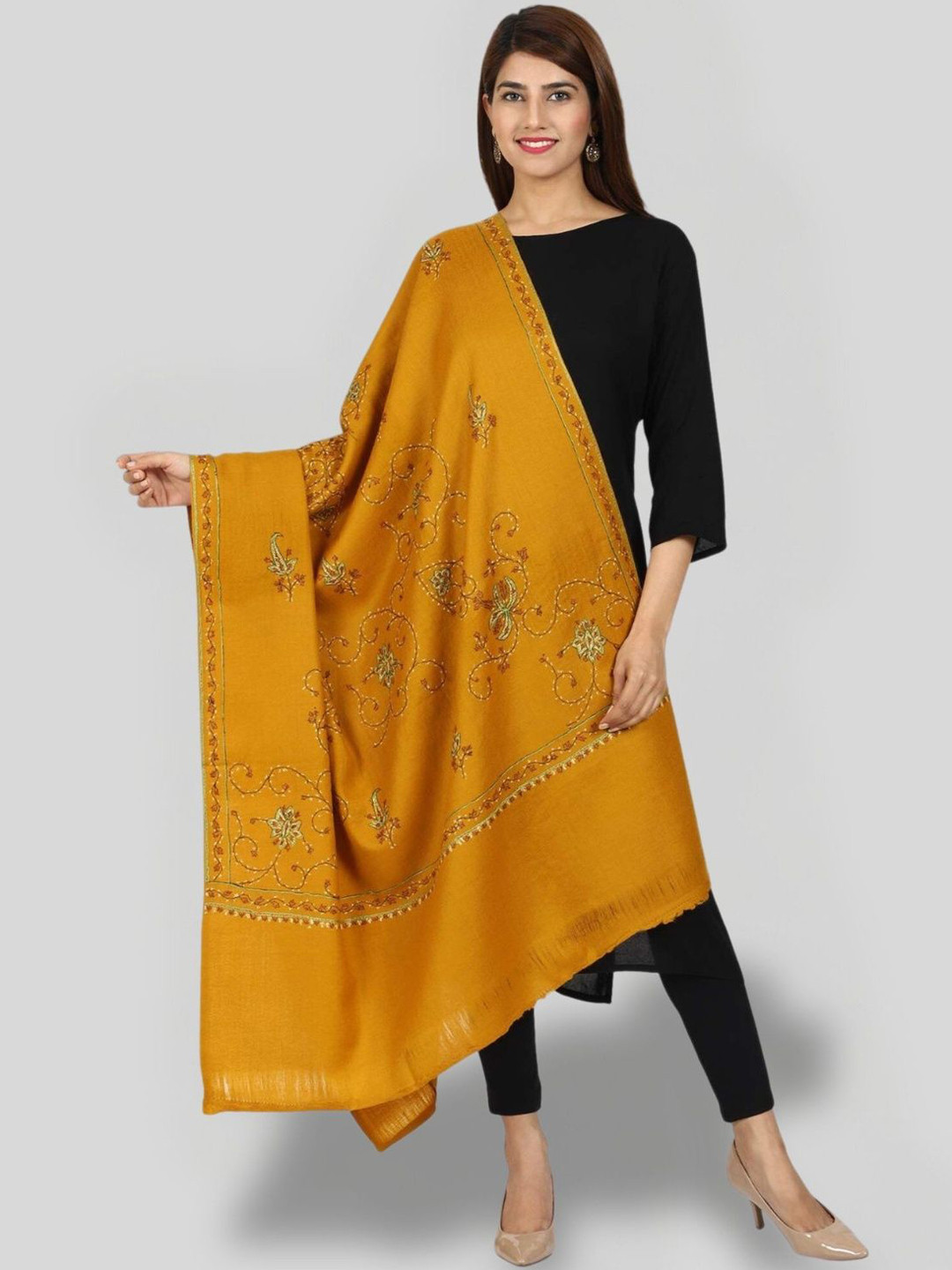 

SWI Stylish Floral Embroidered Pure Woollen Shawl, Mustard
