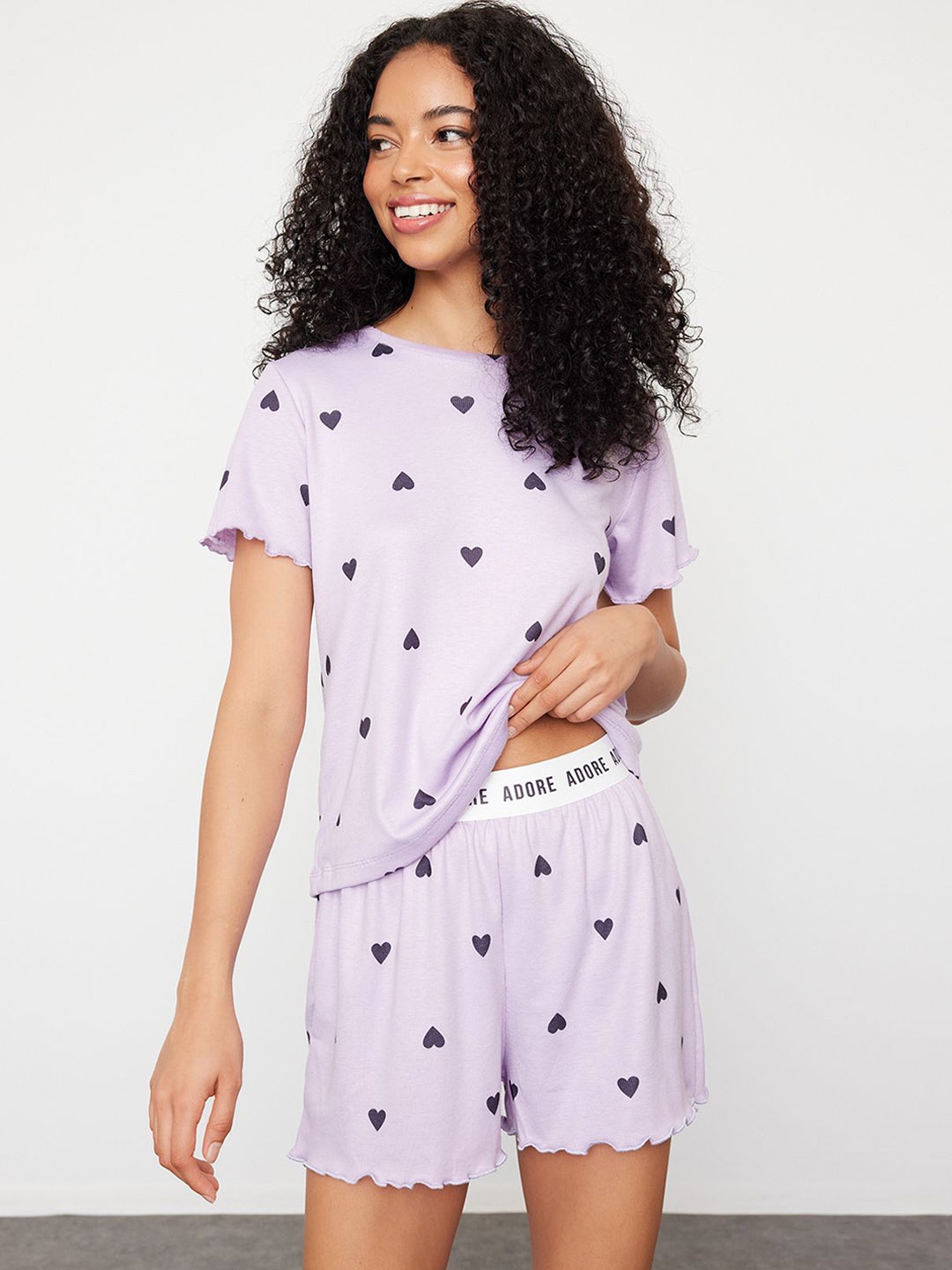 

Trendyol Women Printed Round Neck Night suit, Purple