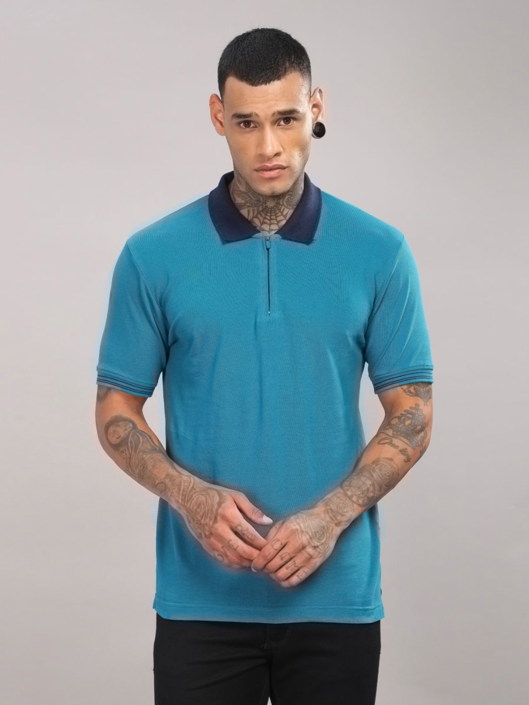 

ADRO Men Solid Polo Collar Cotton T-shirt, Turquoise blue