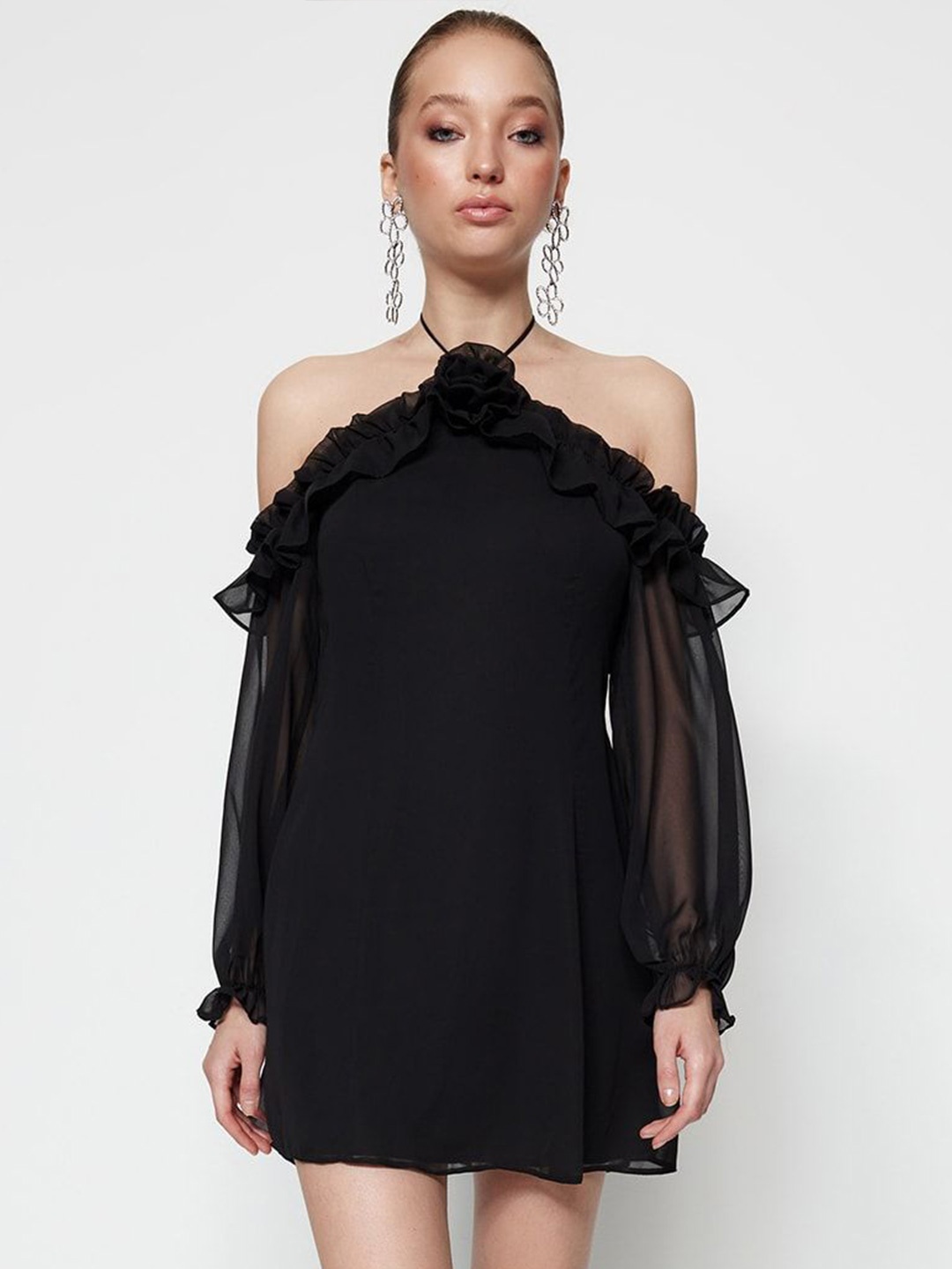 

Trendyol Halter Neck Cold-Shoulder A-Line Dress, Black