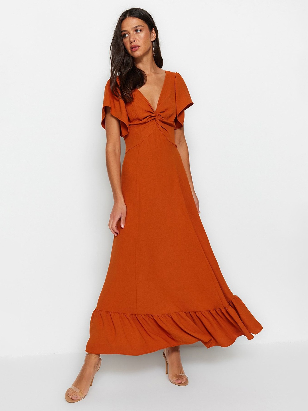 

Trendyol Women V neck Flared Sleeve Maxi Dress, Rust