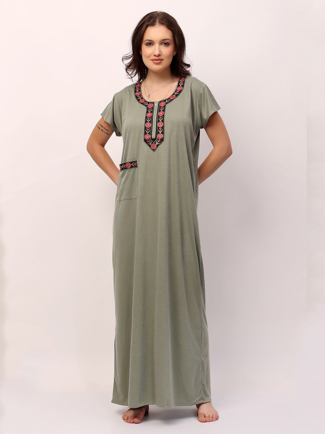 

NIGHT KEYS Everyday Embroidered Maxi Nightdress, Green