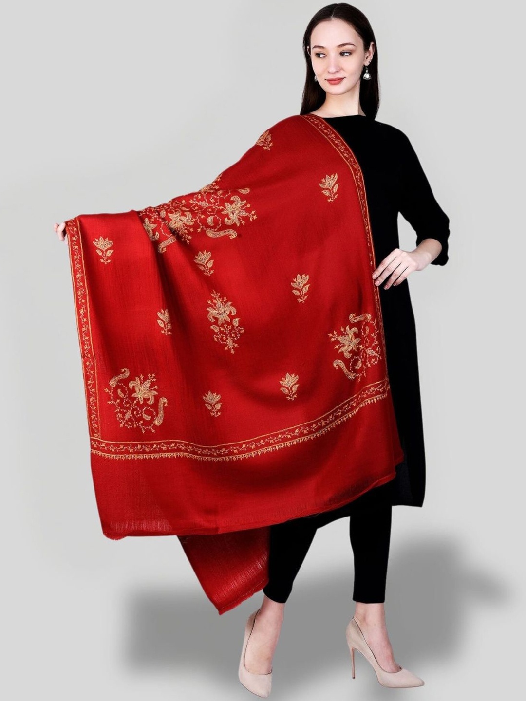 

SWI Stylish Floral Embroidered Pure Woollen Shawl, Maroon