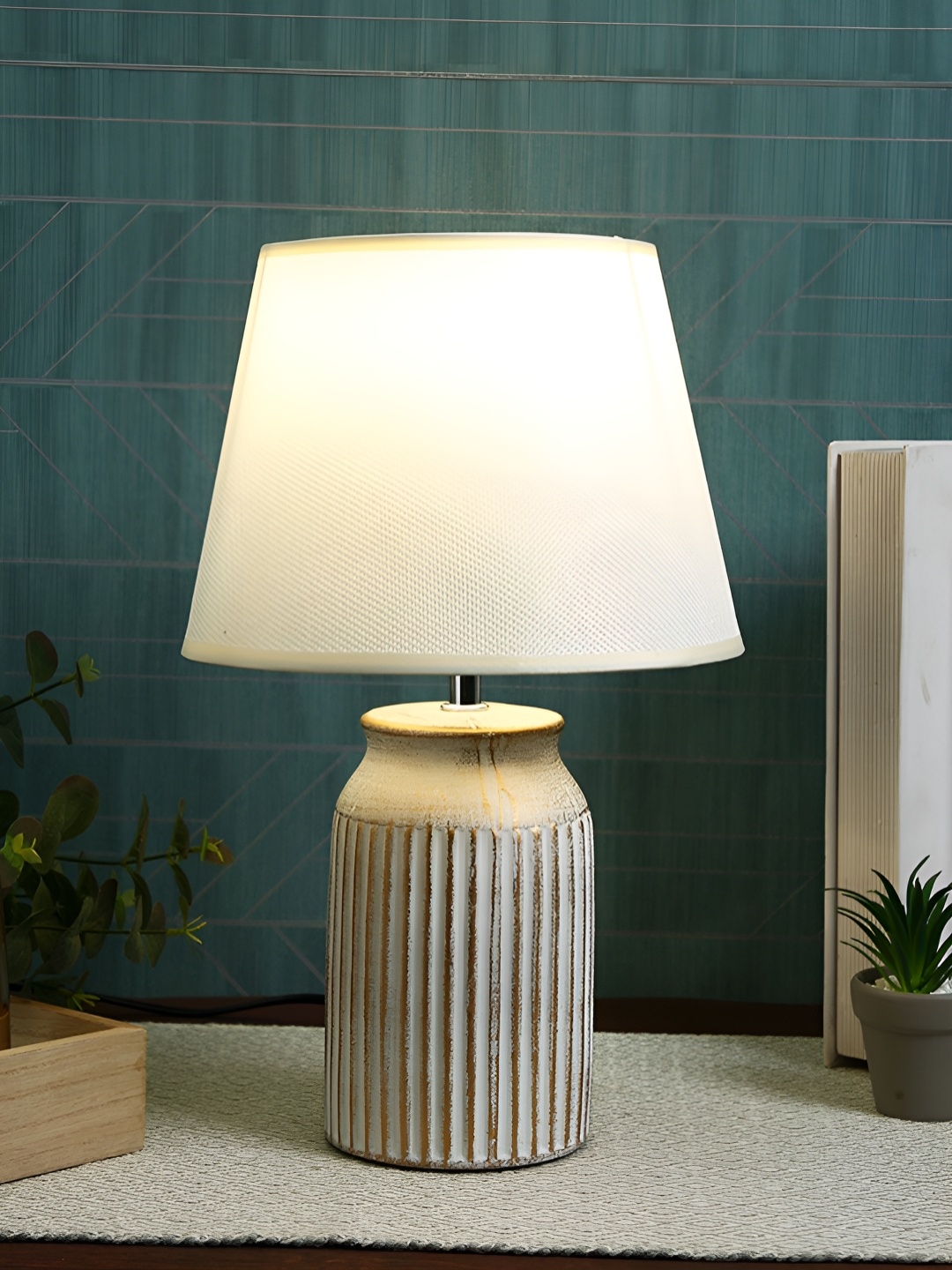 

TAYHAA White & Brown Textured Ceramic Contemporary Frusturical Shaped Table Lamp