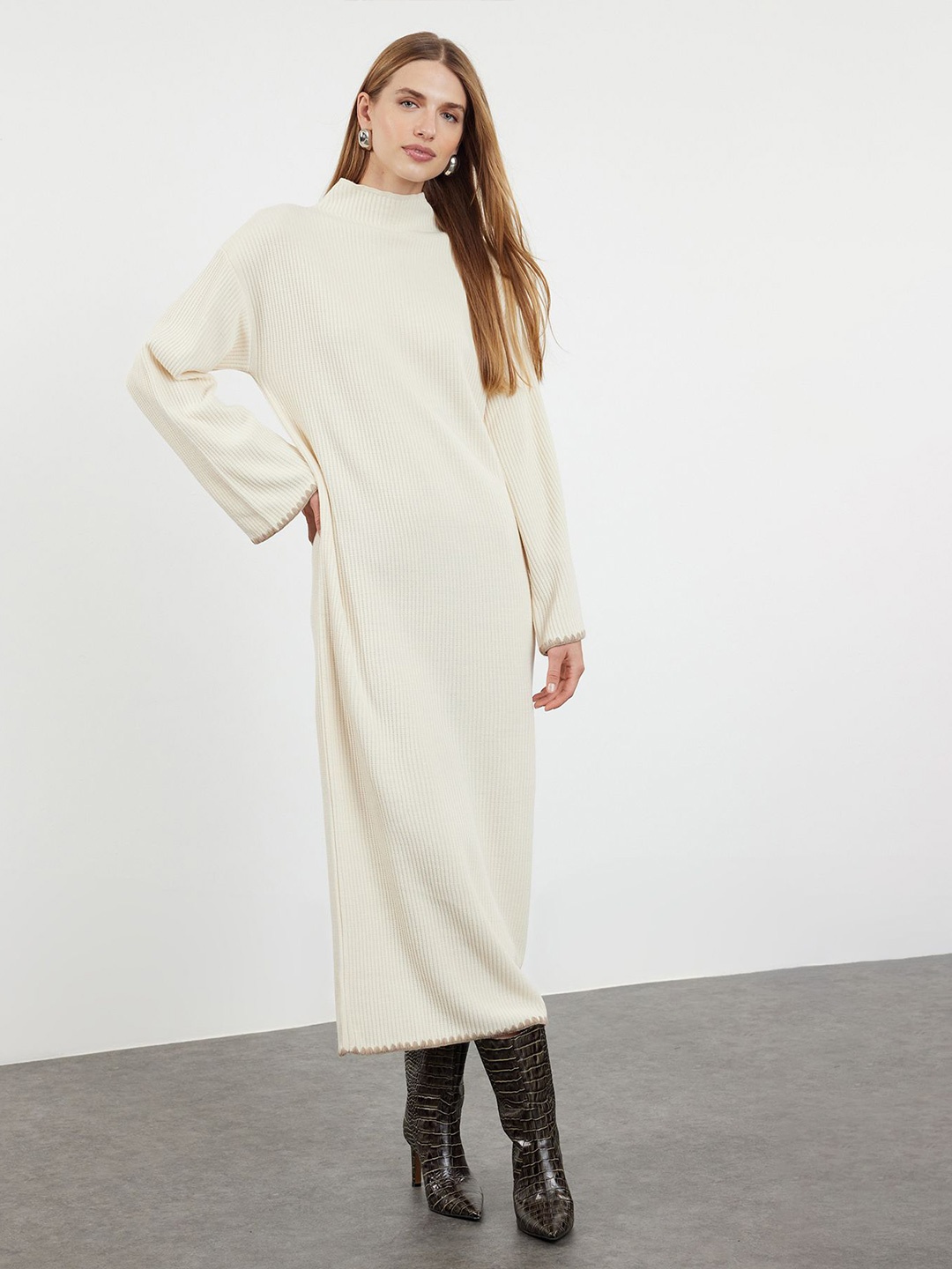 

Trendyol Solid Mock Neck A-Line Midi Dress, Off white