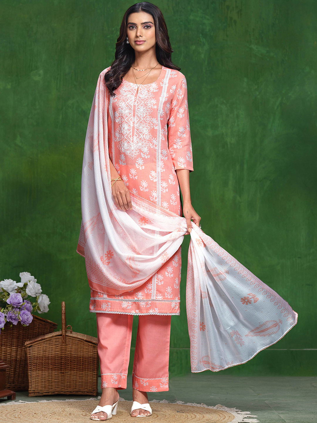 

Sangria Embroidered Pure Cotton Straight Kurta & Trouser With Dupatta, Peach