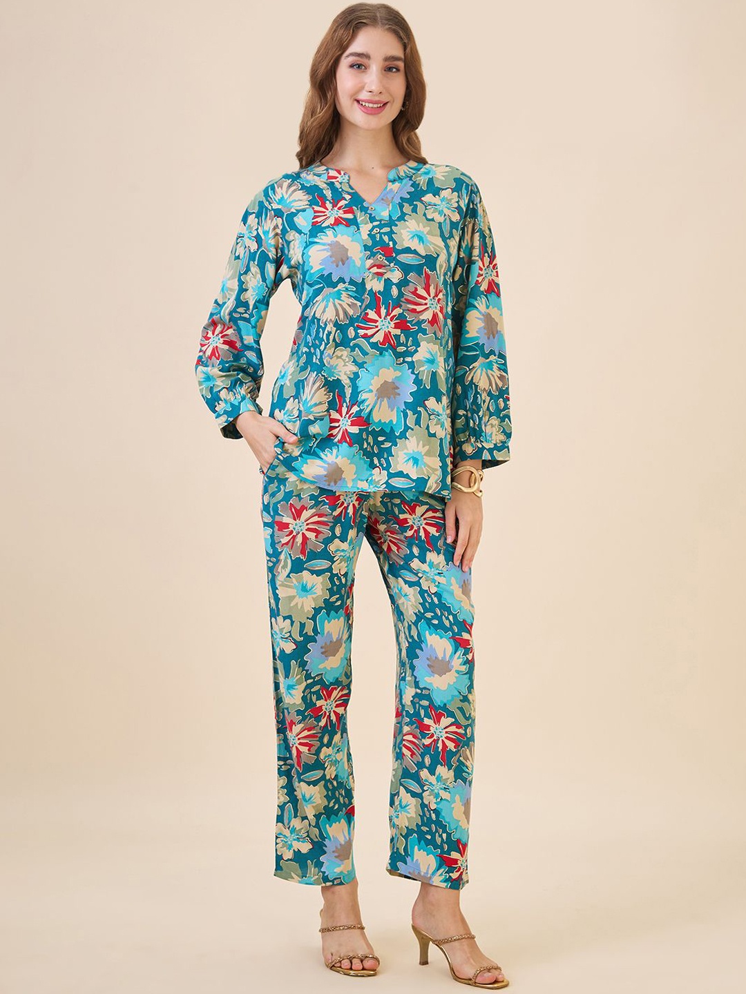 

AV2 Floral Printed Mandarin Collar Tunic With Trousers, Turquoise blue