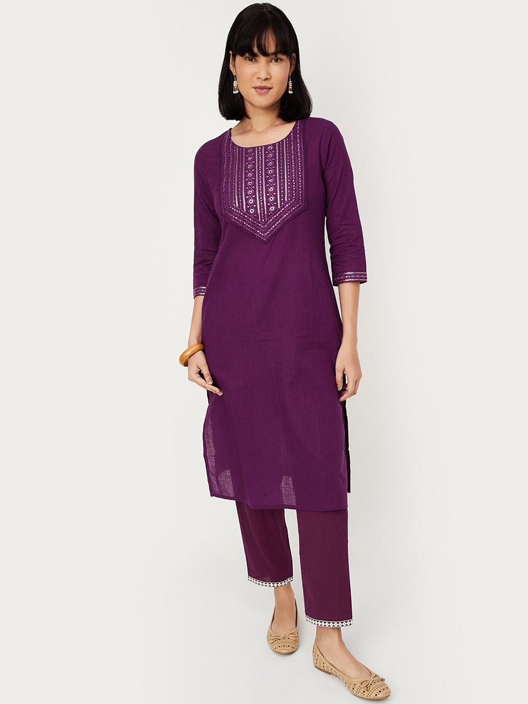 

max Floral Embroidered Sequins Cotton Straight Kurta, Purple