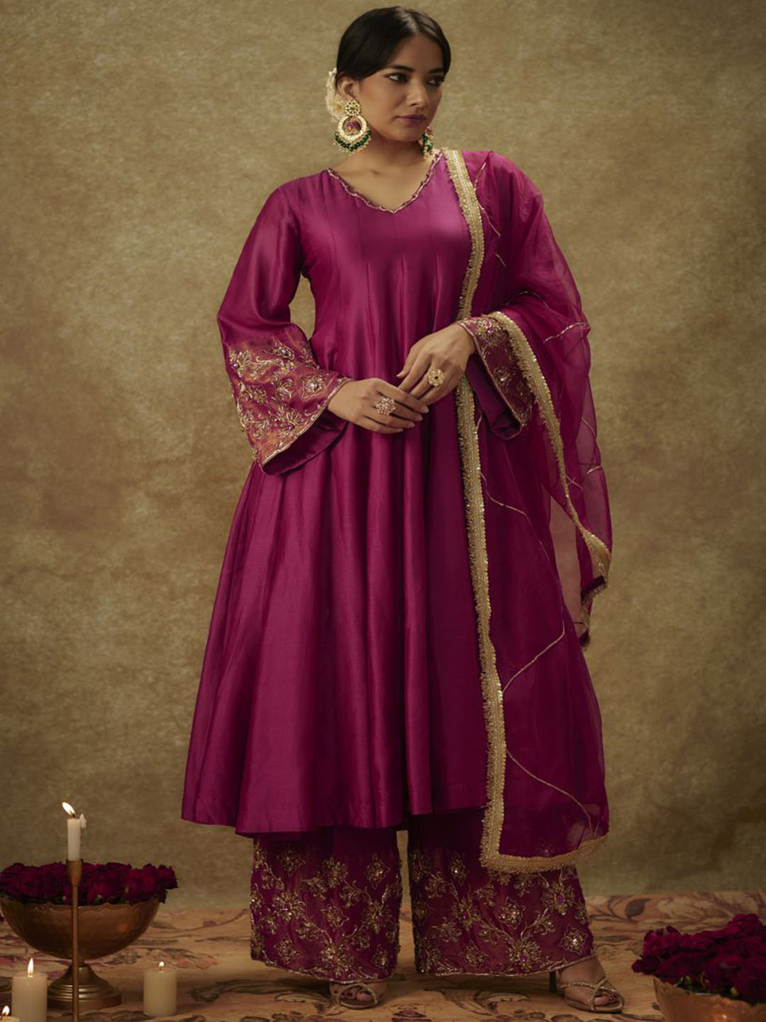 

The Aarya Floral Embroidered Panelled Chanderi Silk Kurta With Palazzos & Dupatta, Magenta