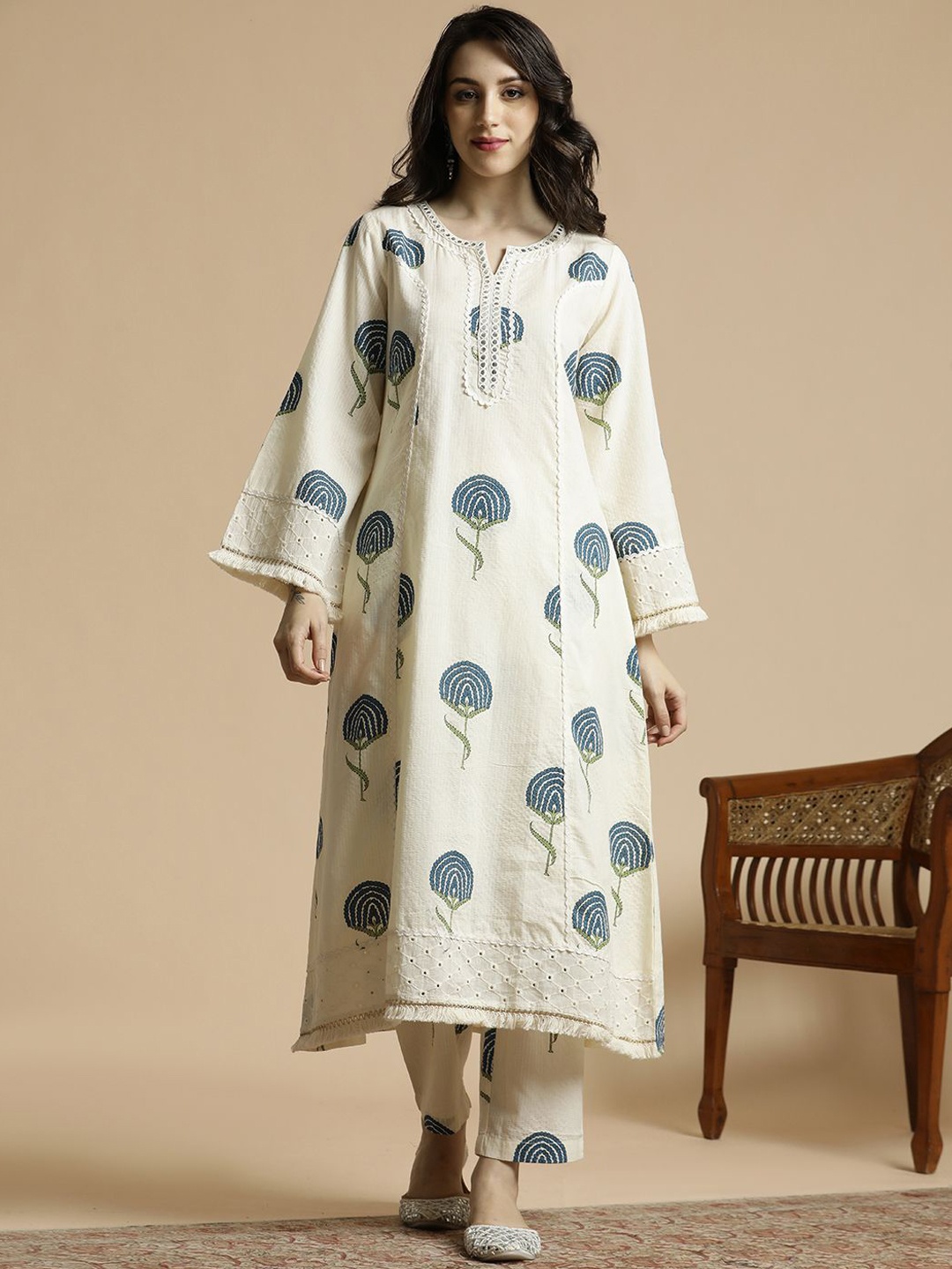 

Anouk Floral Printed Regular Mirror Work Pure Cotton A-Line Kurta with Palazzos, Teal