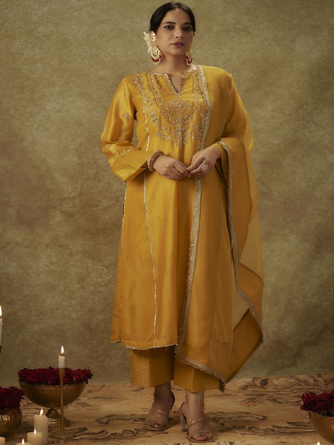 

The Aarya Floral Embroidered Panelled Chanderi Silk Kurta With Palazzos & Dupatta, Yellow