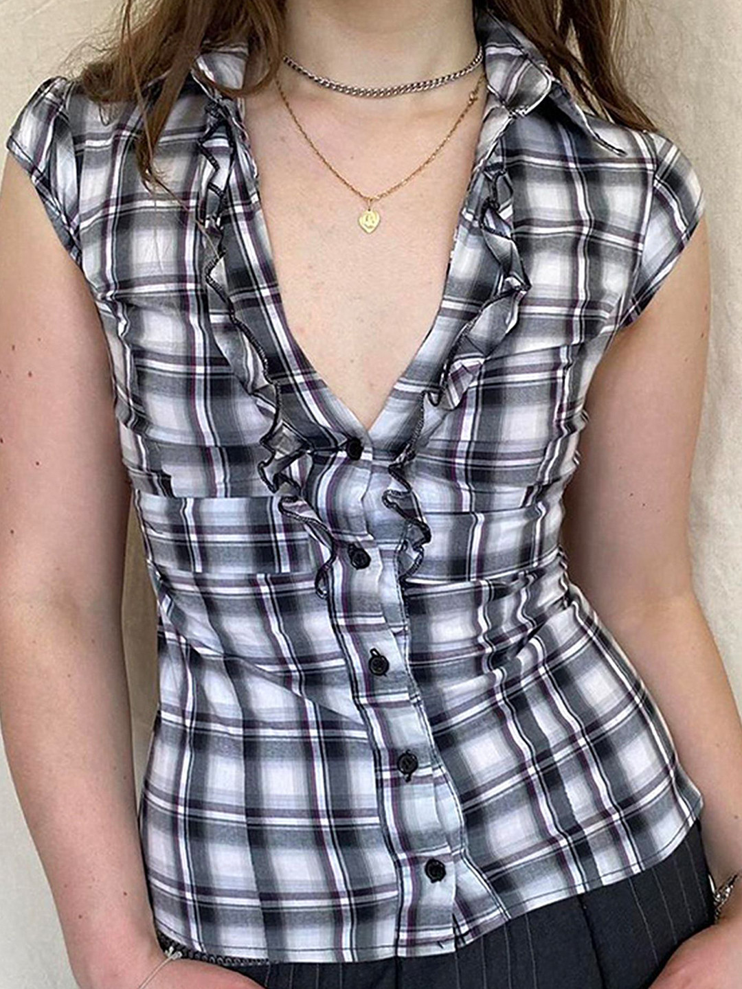 

LULU & SKY Checked Extended Sleeves Shirt Style Top, White