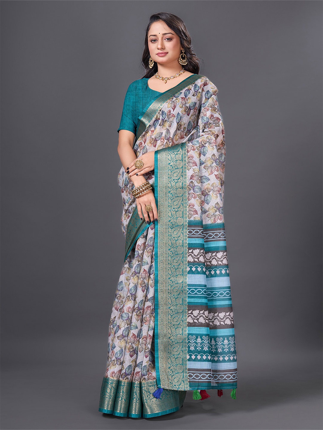 

HEER FASHION Woven Design Printed Zari Saree, Blue