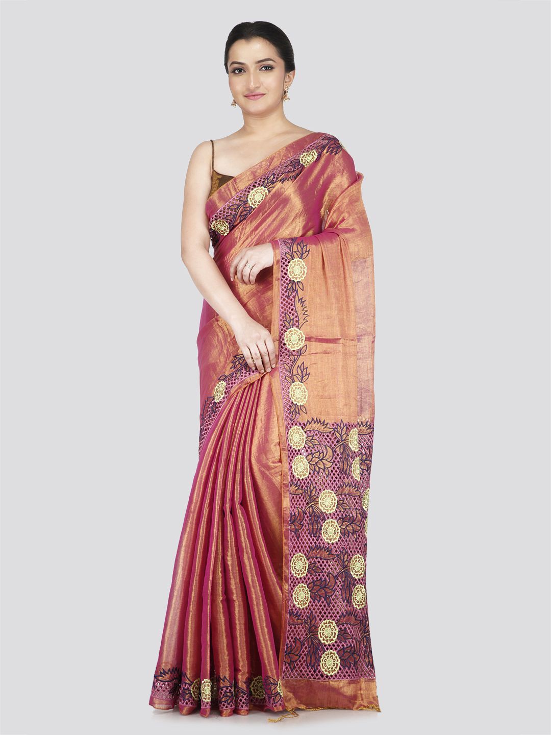 

PinkLoom Floral Silk Cotton Saree, Peach