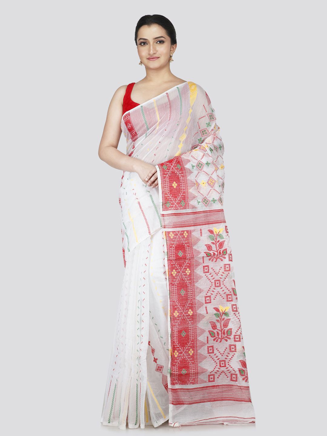 

PinkLoom Floral Pure Cotton Jamdani Saree, White