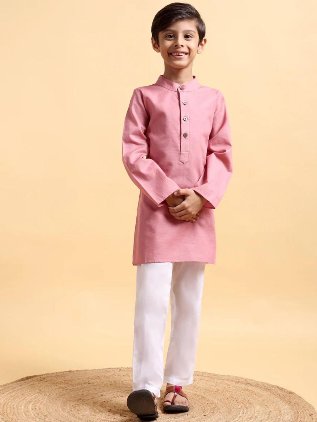 

Mera Rang Boys Band Collar Cotton Linen Straight Kurta With Pyjama, Pink