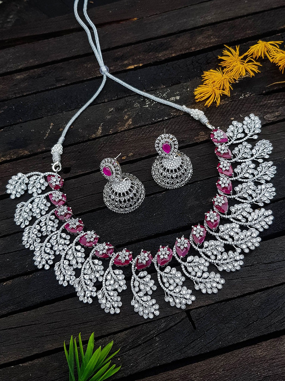 

GRIIHAM Silver-Plated Light weight Floral Nakshatra Design Necklace Set