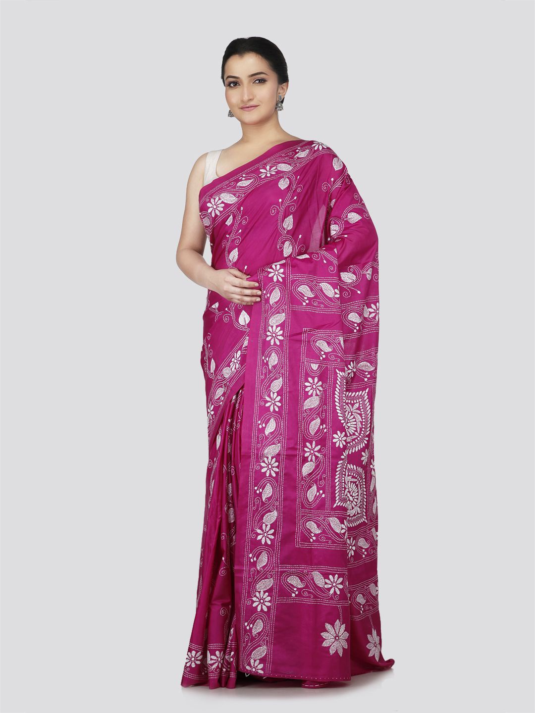 

PinkLoom Floral Kantha Work Pure Silk Saree, Pink