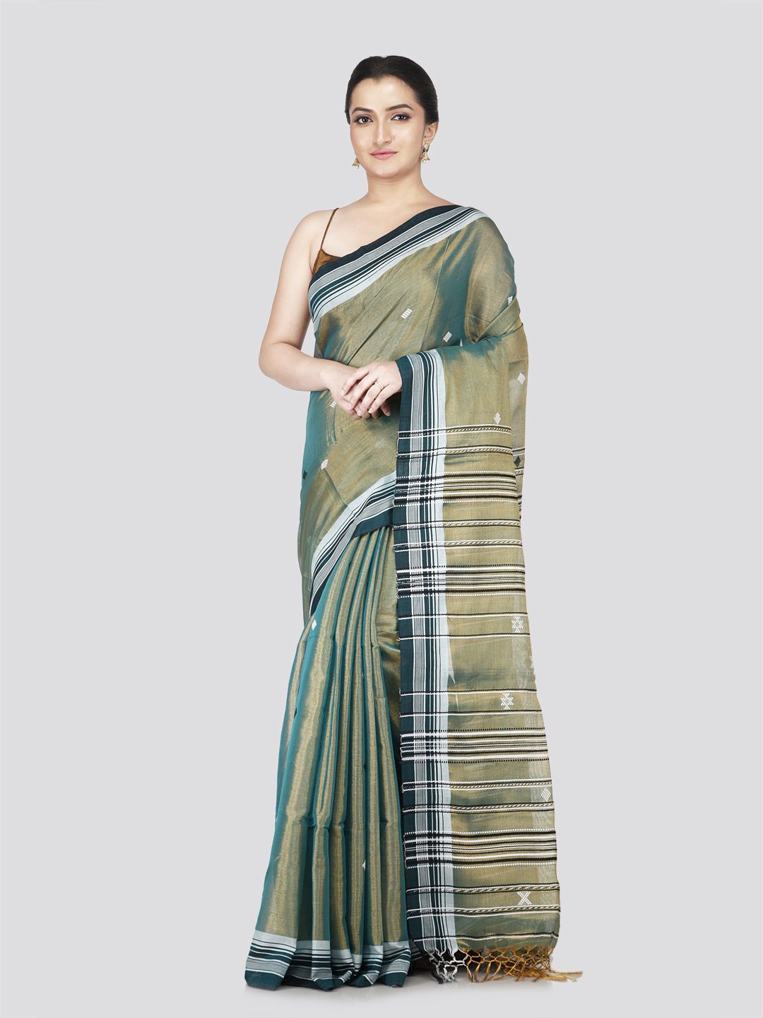 

PinkLoom Woven Design Silk Cotton Saree, Green