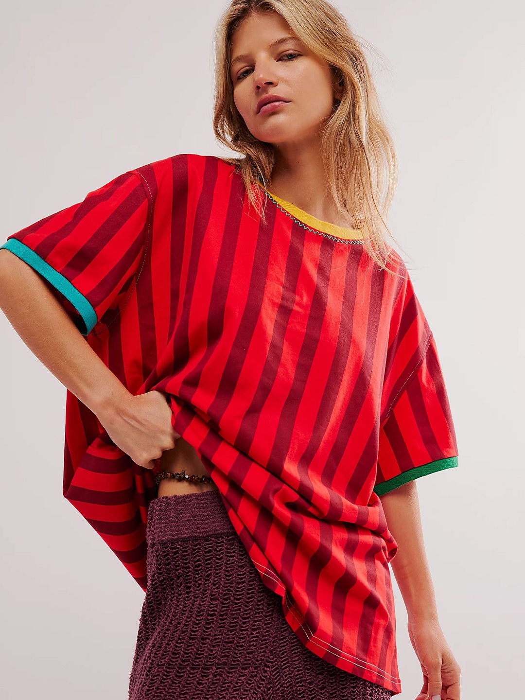 

LULU & SKY Tie and Dye Extended Sleeves Cotton Kaftan Top, Red