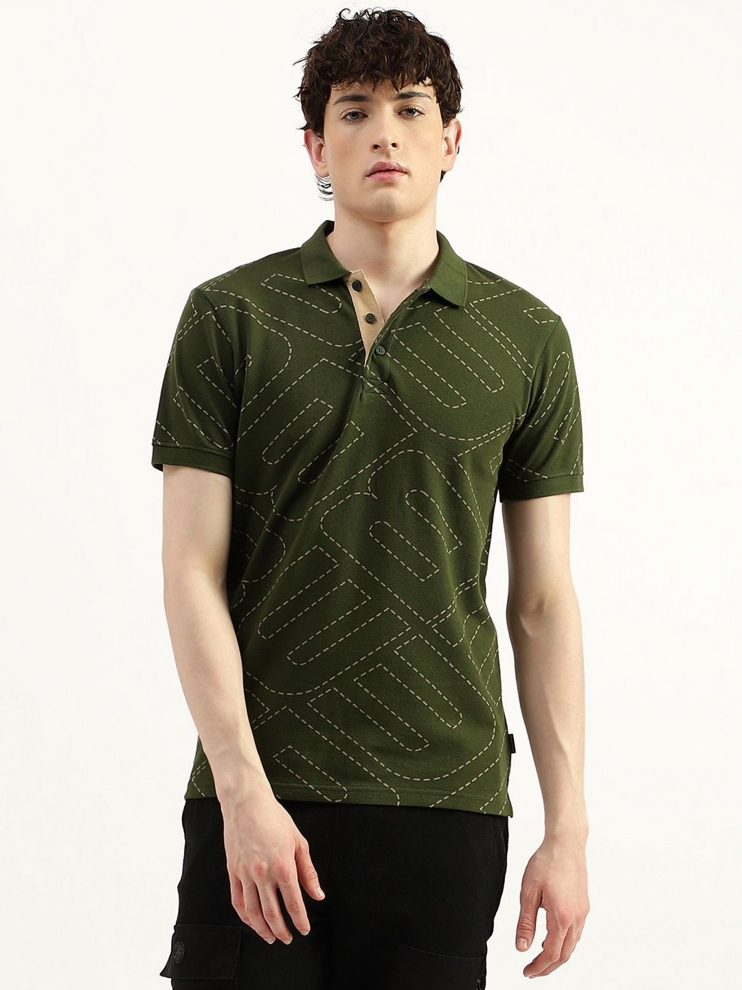 

United Colors of Benetton Men Abstract Printed Polo Collar Pure Cotton T-shirt, Green