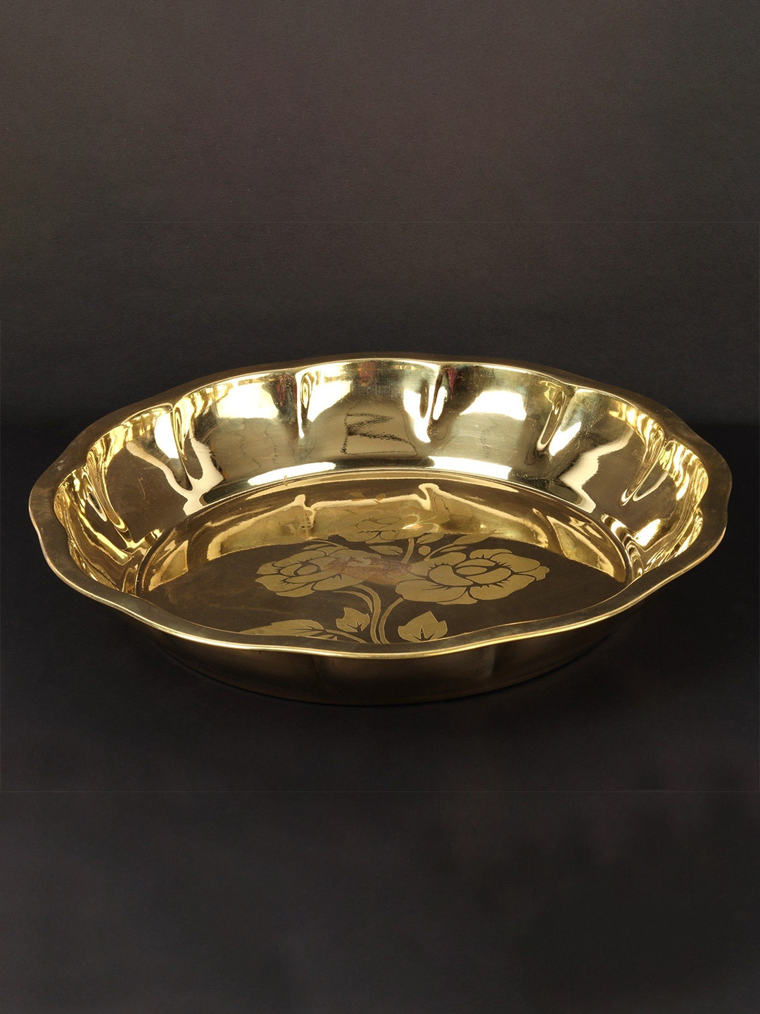 

Exotic India 14" Brass Flower Design Ritual Parat Bowl, Gold