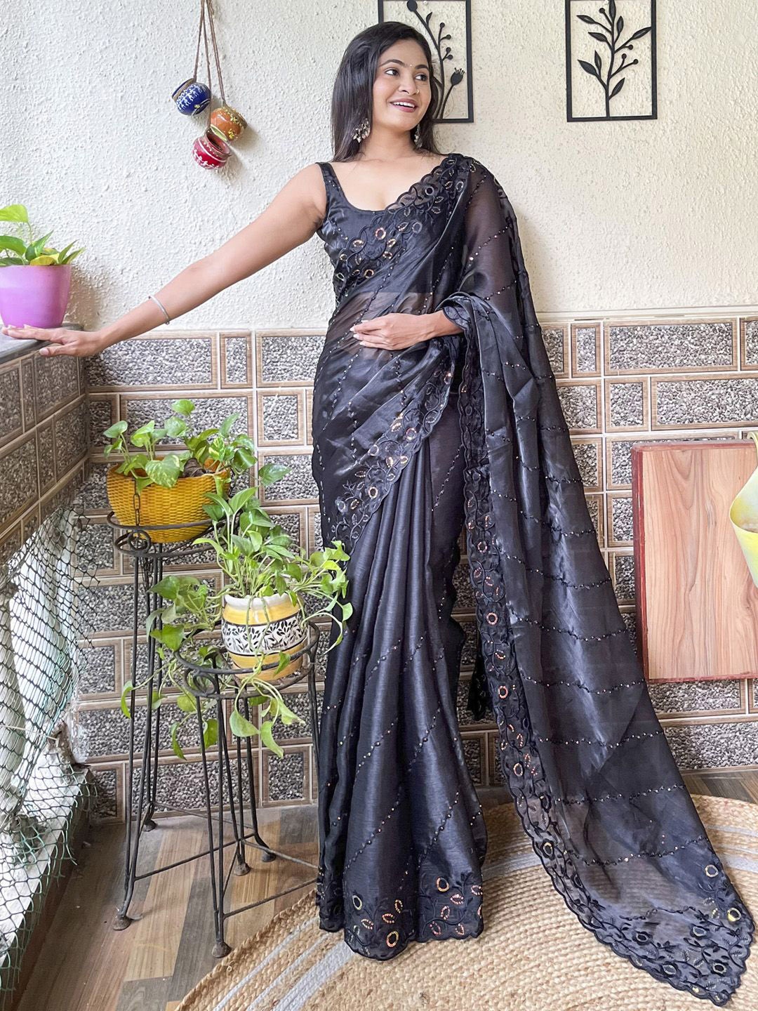 

Mitera Embellished Sequinned Organza Saree, Black