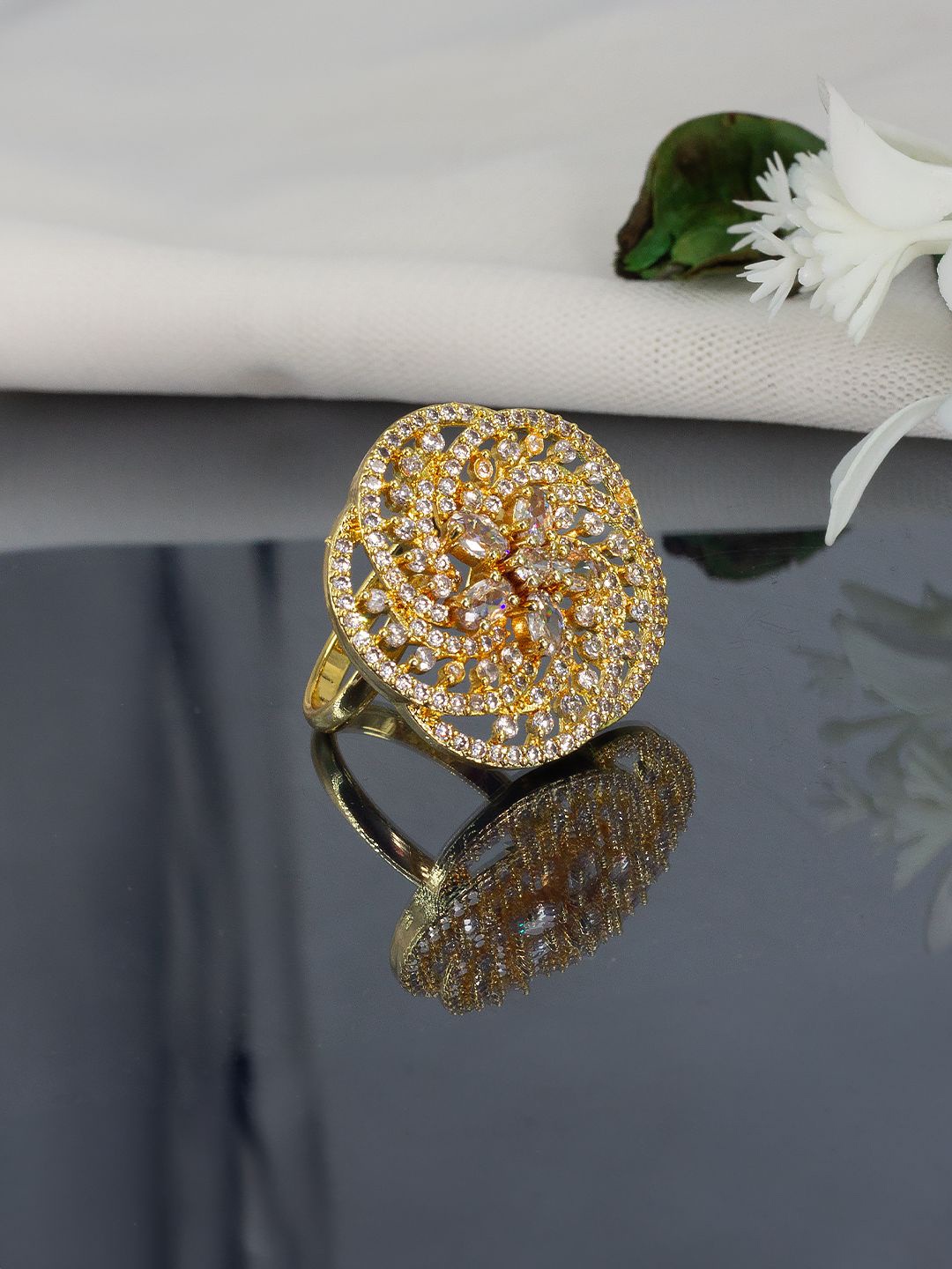 

PRIVIU Gold Plated American Diamond Stones Studded Adjustable Finger Ring