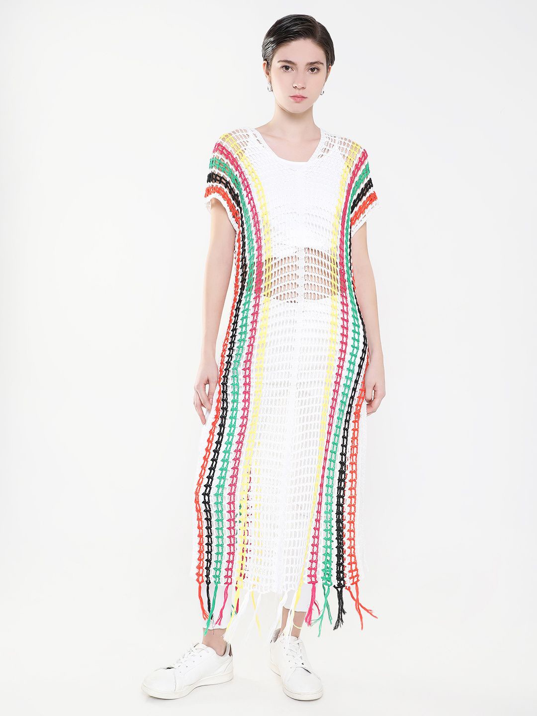 

SHOWOFF V-Neck Short Sleeves Sheer Straight Maxi Dress, White