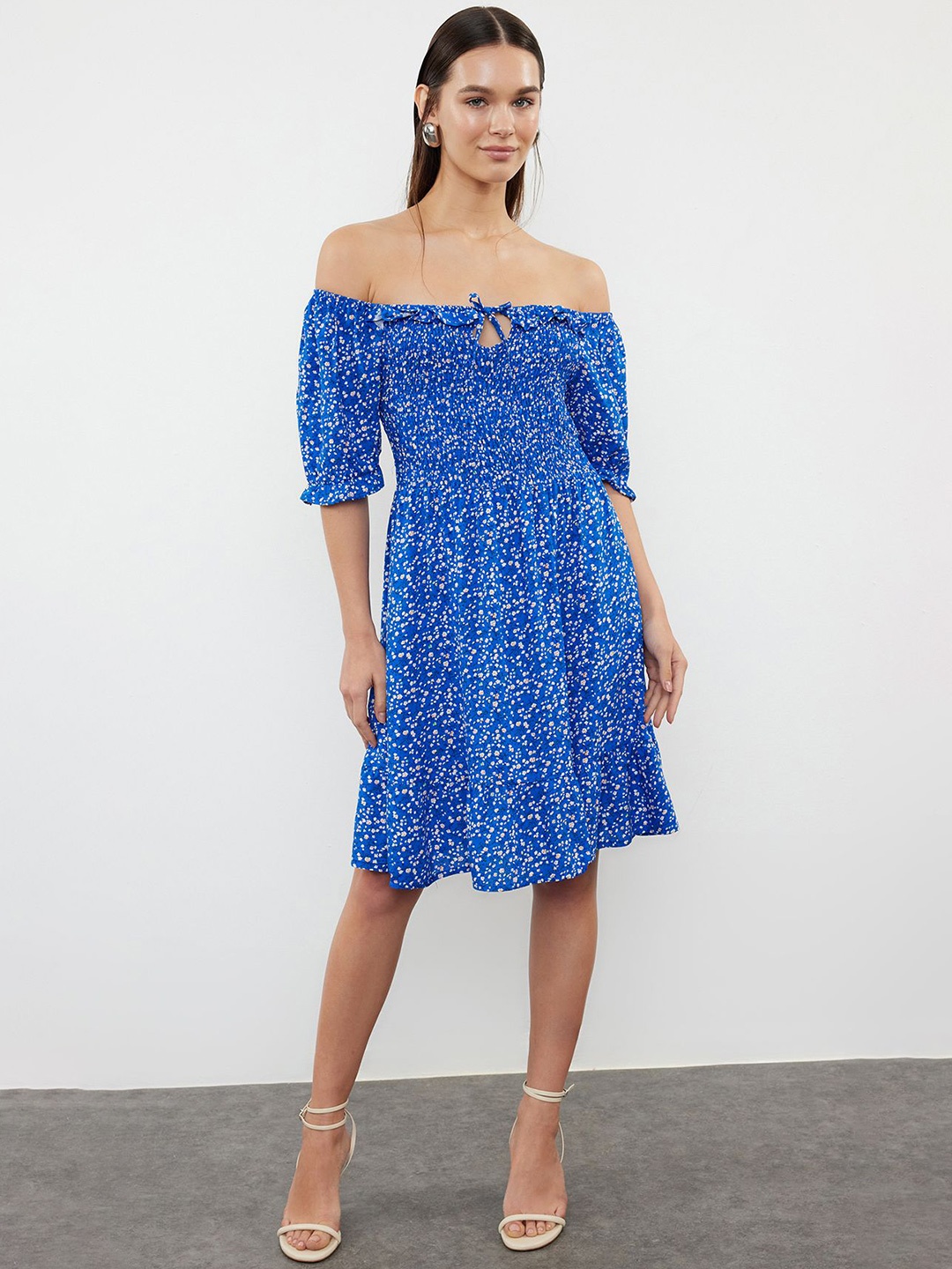 

Trendyol Floral Print Off-Shoulder Fit & Flare Dress, Na