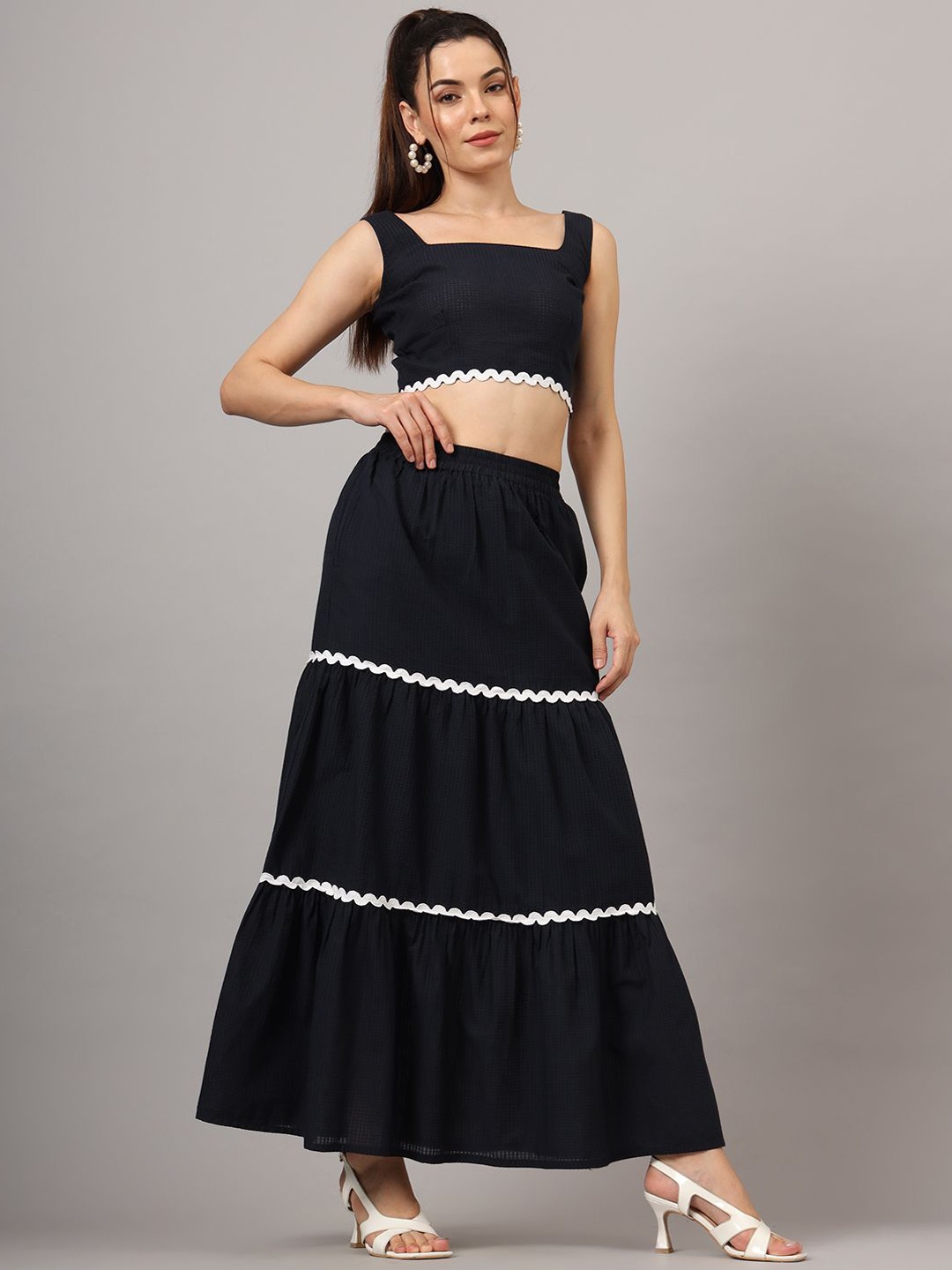 

CHARMGAL Square Neck Pure Cotton Top & Skirt, Navy blue