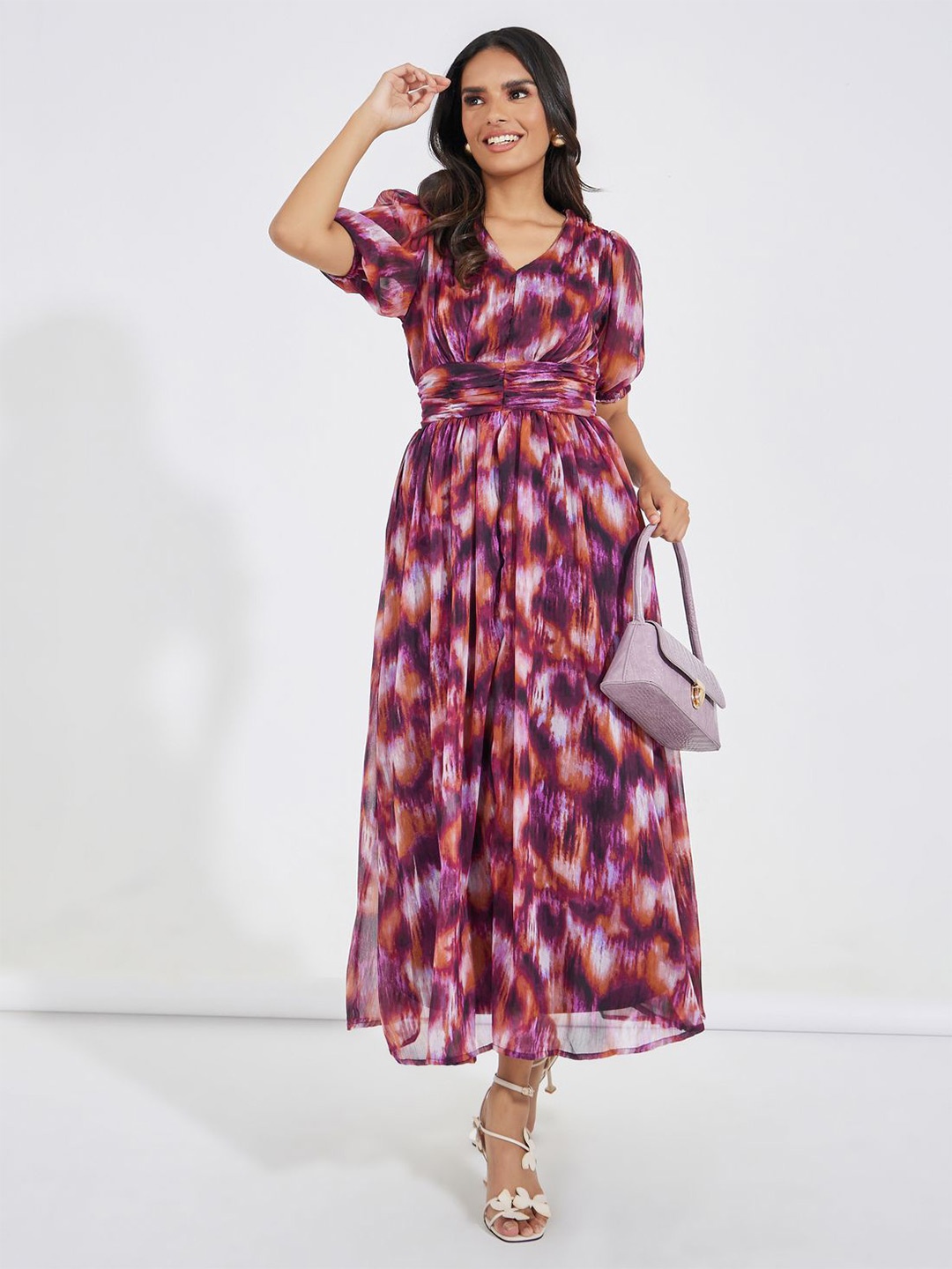 

Styli Women Ombre Print V-Neck Puff Sleeves A-Line Maxi Dress, Multi