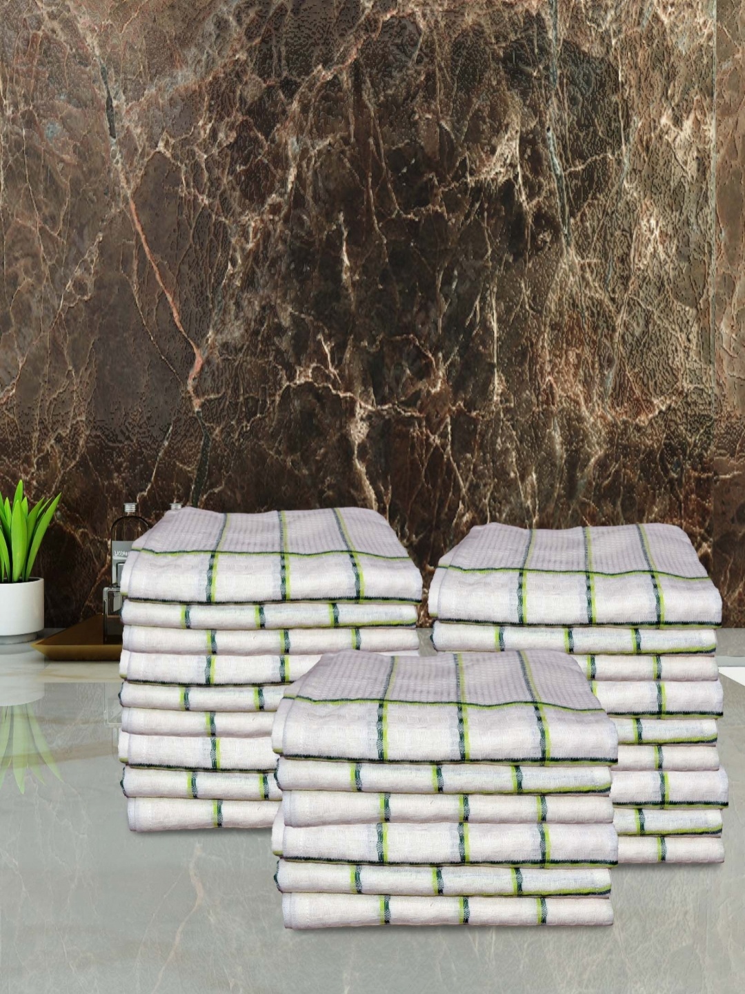 

Aura Athom Living White & Green 24 Pieces Checked Pure Cotton 210 GSM Hand Towels