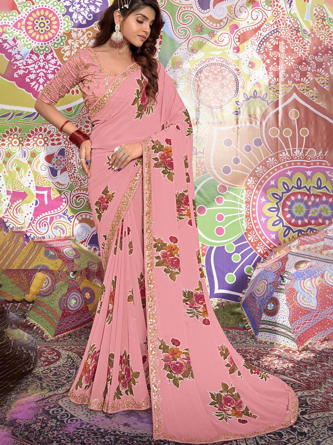 

CHUDIYA Floral Printed Sequinned Pure Georgette Saree, Pink