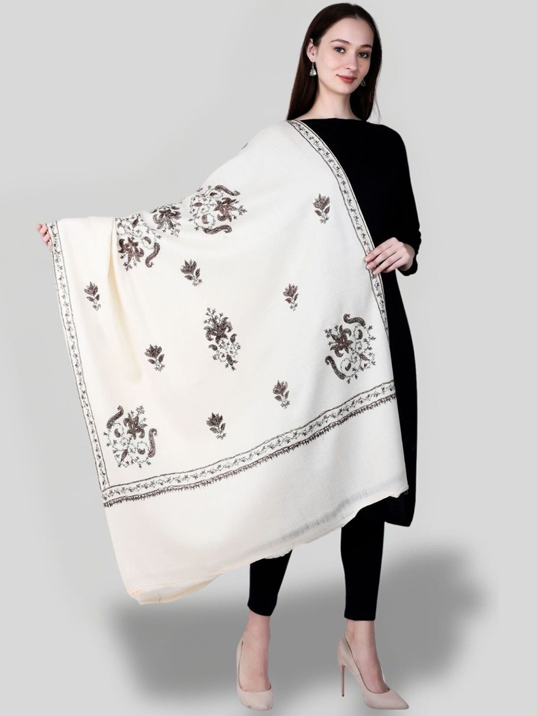 

SWI Stylish Floral Embroidered Pure Woollen Shawl, White
