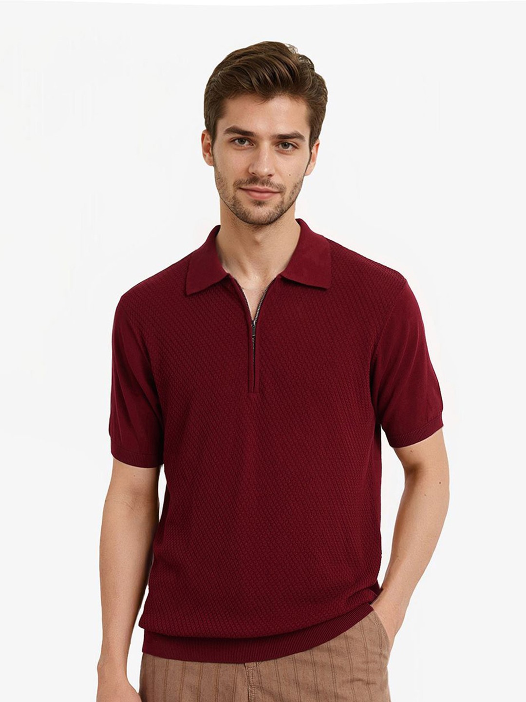 

RARE RABBIT Men Polo Collar Pockets T-shirt, Maroon