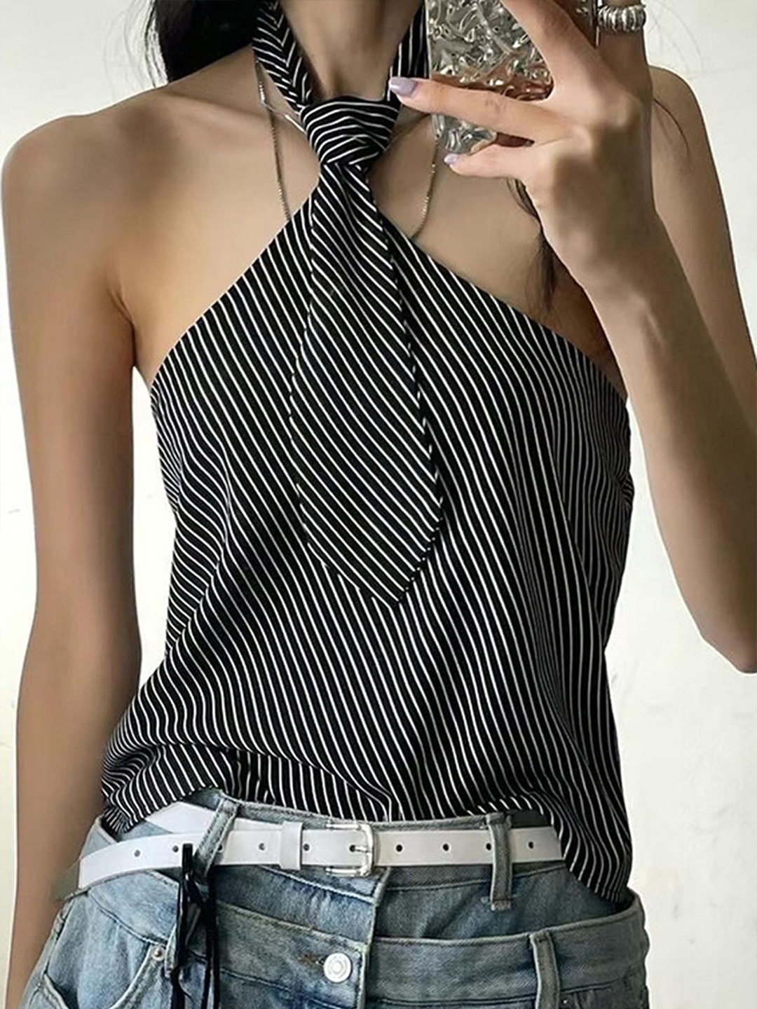 

LULU & SKY Striped Halter Neck Styled Back Top, Black