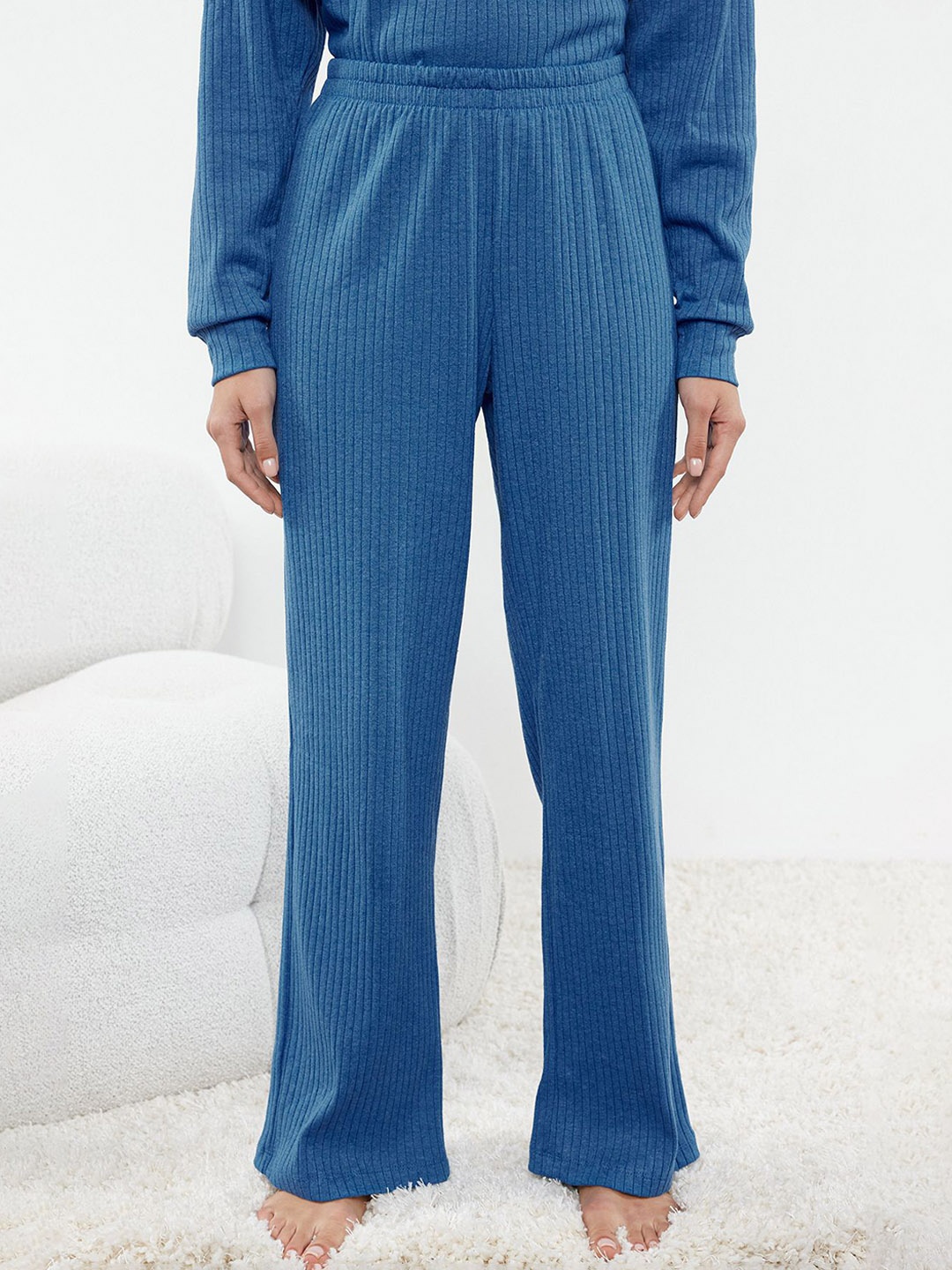 

Trendyol Women Hooded Ribbed Night suit, Blue