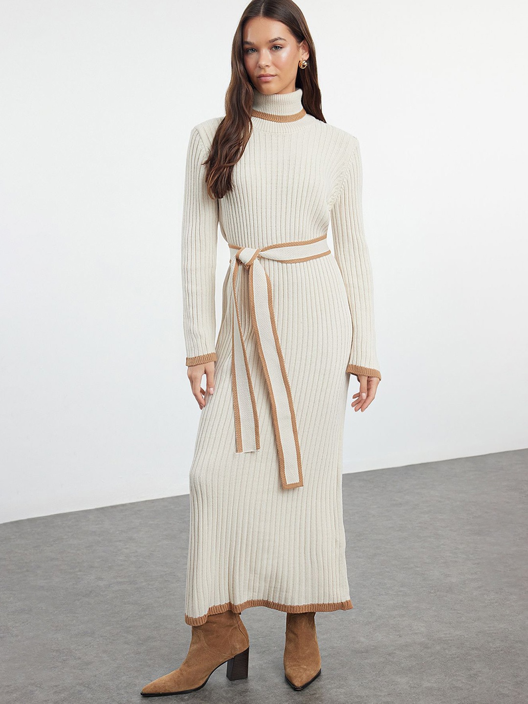 

Trendyol Striped High Neck Maxi Dress, White