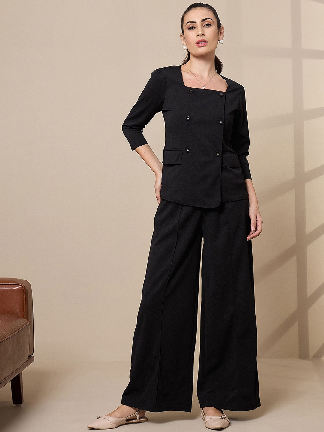 

SASSAFRAS worklyf Square-Neck Three Quarter Sleeve Top & Wide Leg Trouser, Black