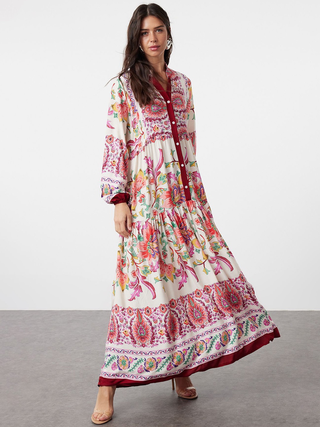 

Trendyol Floral Printed Puff Sleeve Maxi Dress, White