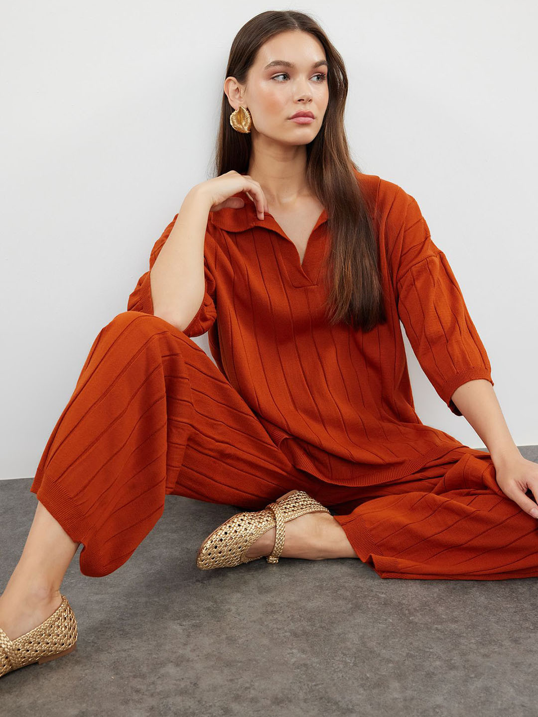 

Trendyol Striped Shirt Collar Acrylic T-Shirt With Trousers, Red