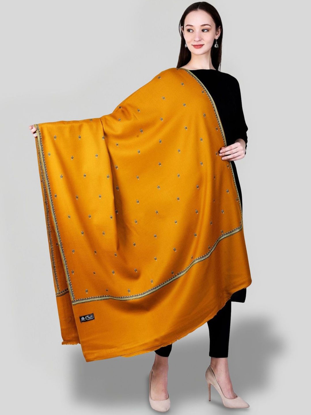 

SWI Stylish Ethnic Motifs Embroidered Woollen Shawl, Mustard