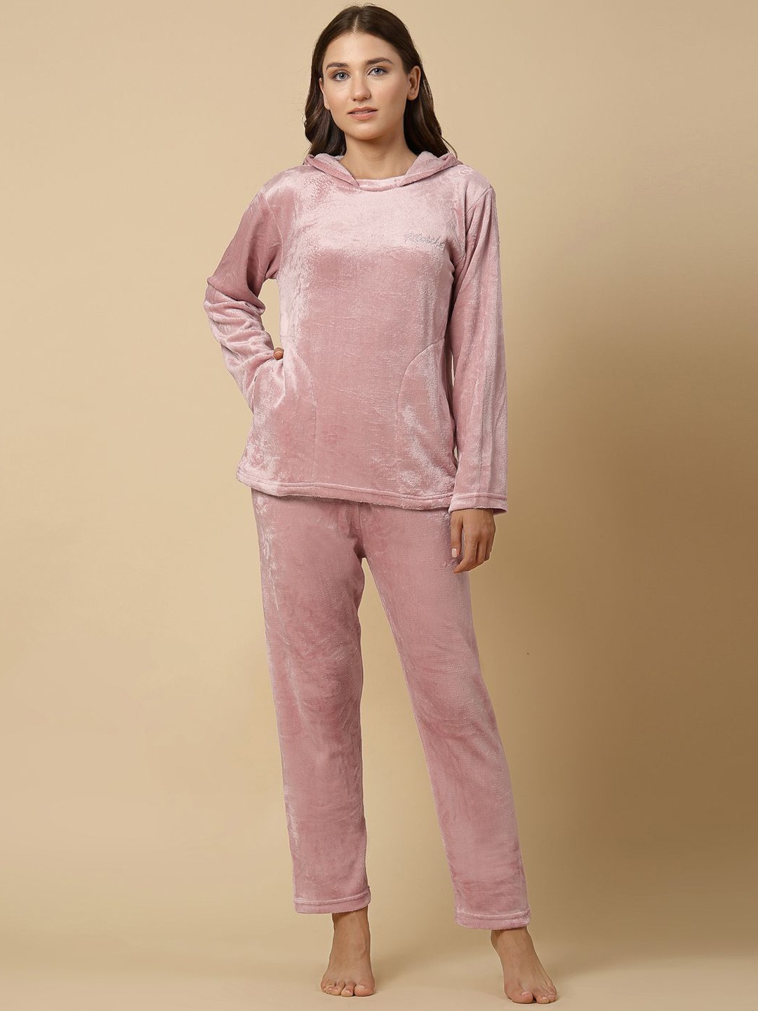 

KLOTTHE Women Wool Solid Hooded Night Suit, Pink