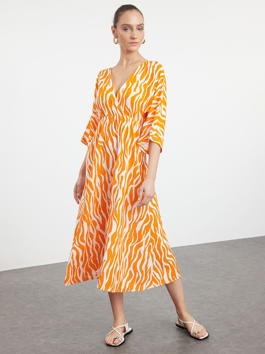 

Trendyol Abstract Printed Fit & Flare Midi Dress, Orange