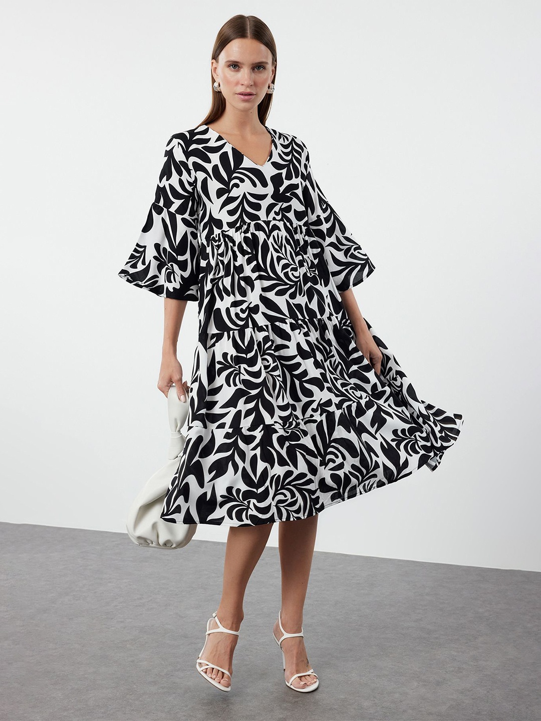 

Trendyol Animal Print Bell Sleeve Fit & Flare Dress, White