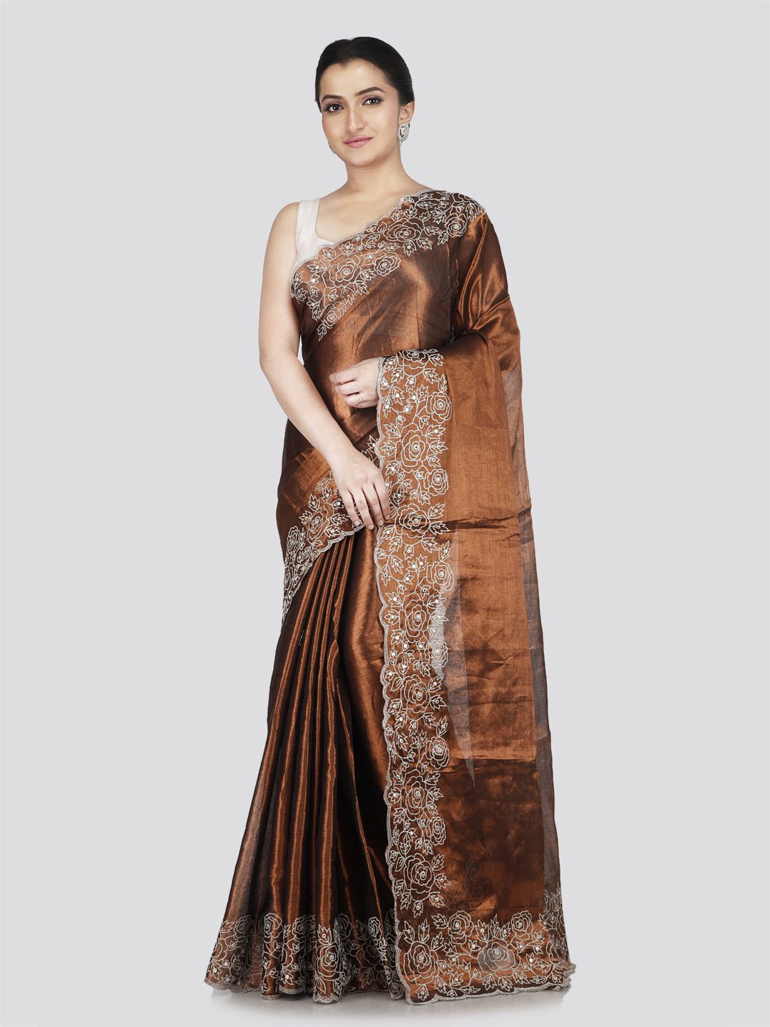 

PinkLoom Solid Embroidered Saree, Brown