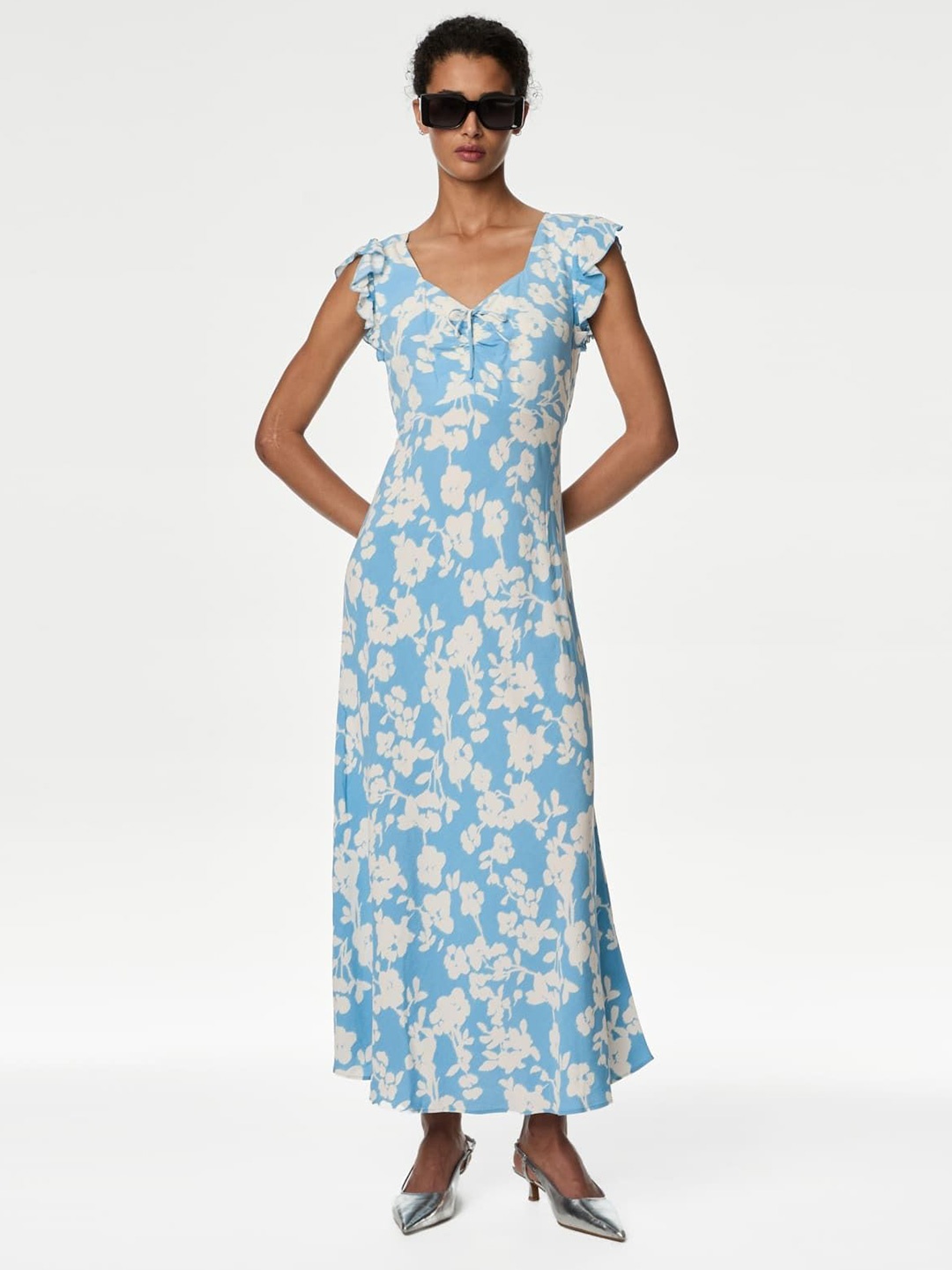 

Marks & Spencer Floral Printed Flutter Sleeve Maxi Dress, Blue