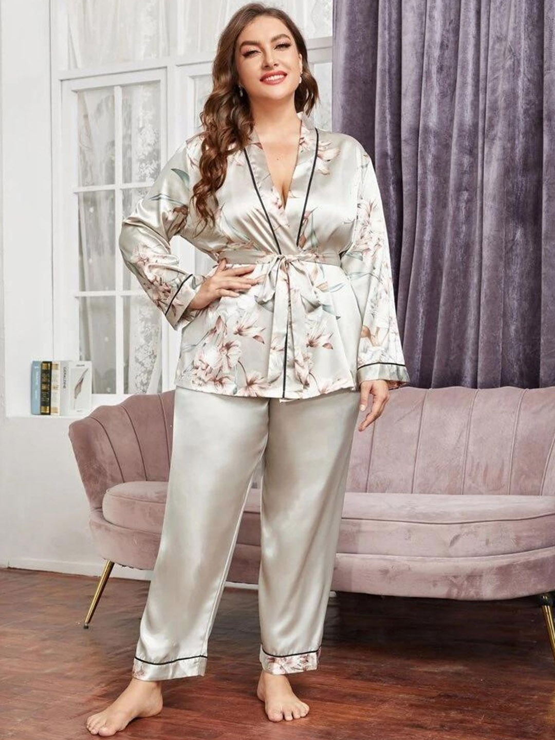 

ANSEE by Addery Women Wrap-Up Floral Printed Night suit, Grey