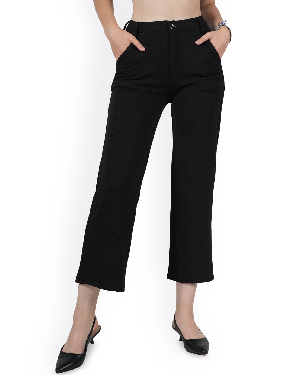 

BAESD Women Solid High-Rise Regular Fit Trousers, Black